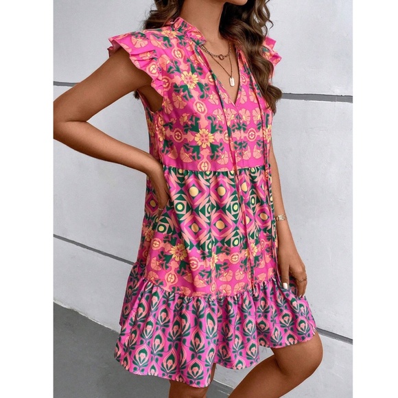 Abstract Print Multicolor on Pink Flowy Loose Fitting Short Sleeve Mini Dress - Picture 2 of 7